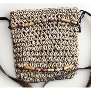 Boho Cappelli Straworld Crossbody Handbag Purse Woven Grass Beaded Wood‎ Small